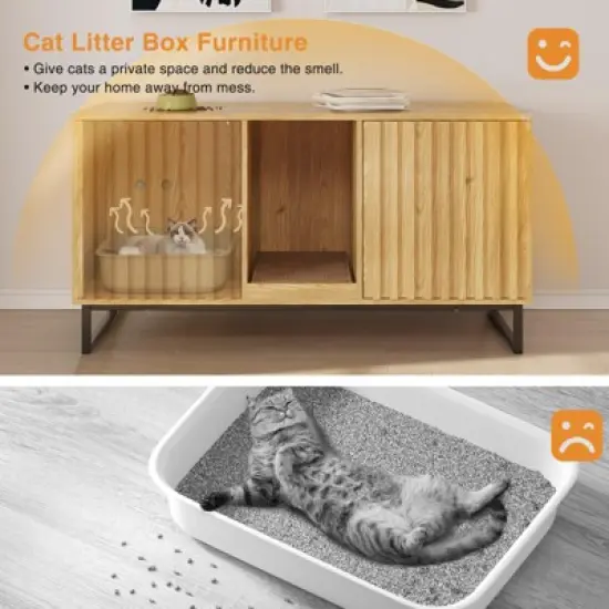 Double Room Large Cat Cabinet, Litter Box Furniture Hidden with Scratch Pad, Natural image {4}