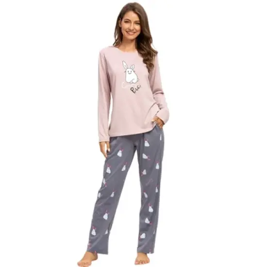 cheibear Womens Sleepwear Pjs Lounge Round Neck with Pants Nightwear Pajama Set image {6}
