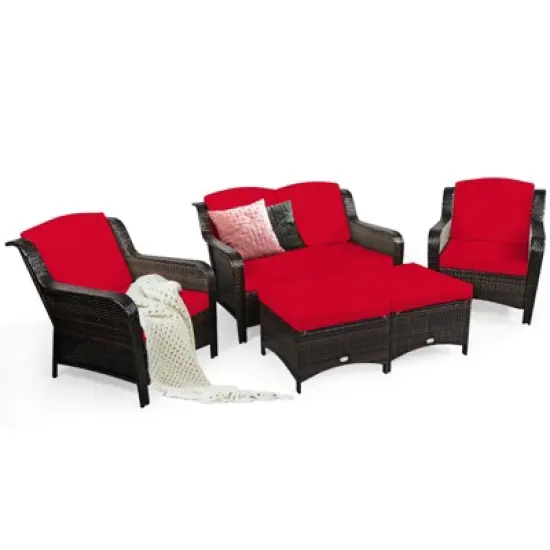 Tangkula 5 PCS Patio Rattan Sectional Sofa Set Outdoor Furniture Conversation Set Cushioned Loveseat Sofa Ottoman image {6}
