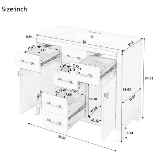 36" Modern Bathroom Vanity with Ceramic Sink, Freestanding Storage Cabinet with 4 Drawers & 2 Soft-Close Doors, Solid Wood Frame - ModernLuxe image {2}