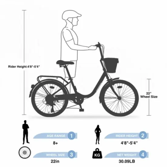 YONWAY 22 Inch Cruiser Bike, 7 Speeds Steel Frame City Bicycle With Front Basket, Front Caliper Brake And Adjustable Seat For Kid And Adult image {5}