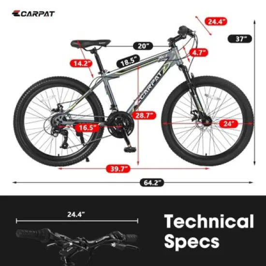 INFURNIC Bicycles 24 Inch Mountain Bike with Shimano 21 Speeds and Dual Disc Brakes for Teens, Gray, 56.3"*7.88"*28.35" image {3}