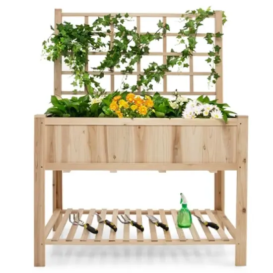 Costway Raised Garden Bed Elevated Wooden Planter Box with Trellis & Open Storage Shelf image {9}