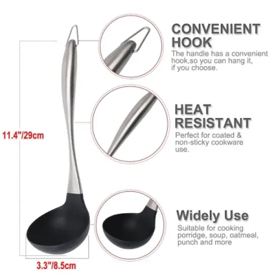 Unique Bargains Home Kitchen Stainless Steel Silicone Soup Ladle Black 1 Pc image {3}