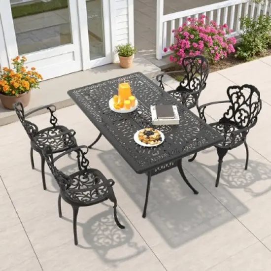 5-Piece Patio Dining Set - All-Weather Cast Aluminum w/ Beige Cushions, Umbrella Hole & Adjustable Feet for Balcony, Backyard image {1}