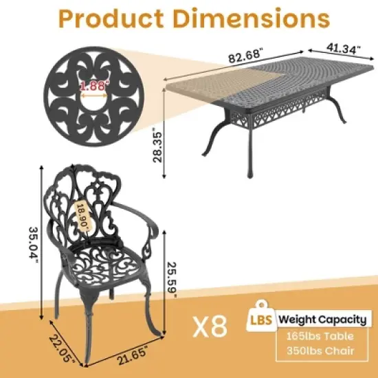 (9-PC)Premium Black Cast Aluminum Patio Set - Weather-Resistant Outdoor Table & Chairs with Beige Cushions image {3}