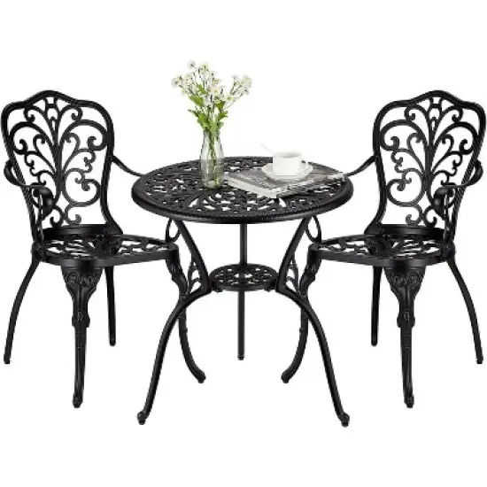 3-Piece Outdoor Bistro Set, Rust-Resistant Cast Aluminum Table and Chairs with Umbrella Hole image {8}