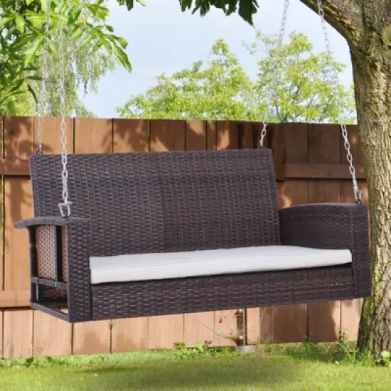 Outsunny 2-Person Wicker Hanging Porch Swing Bench Outdoor Chair with Cushions image {1}