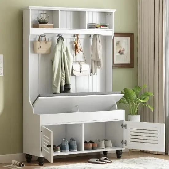 Acekool Hall Tree with Storage, Entryway Bench, Coat Rack, Shoe Cabinet & 4 Hooks, Cushioned Mudroom Organizer, 47.2"W White image {7}