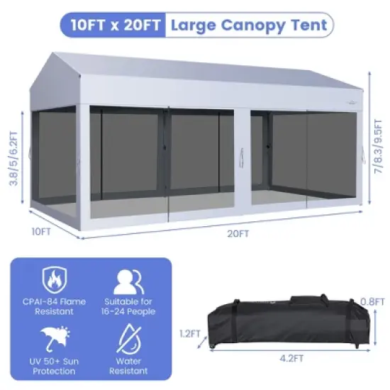 Costway 10x20ft Pop-Up Canopy Party Tent Sidewalls Portable Garage Car Shelter Wheeled image {1}