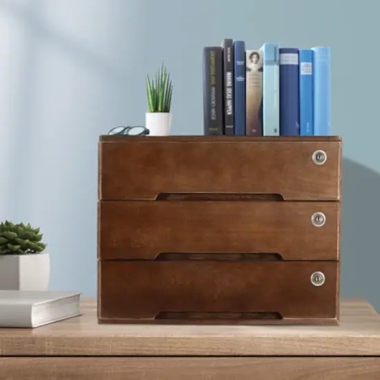 YIYIBYUS Wooden Desktop Storage Box with 3 Lockable Drawers image {1}