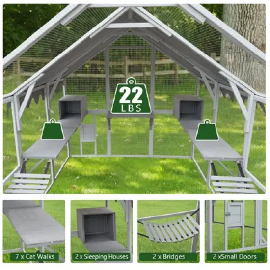 Outdoor Cat House Catio Enclosure, 110'' Cat Cage Condo Indoor Playpen with 2 Bridges, 2 Sleeping Houses and 7 Catwalks for Indoor Outdoor image {3}