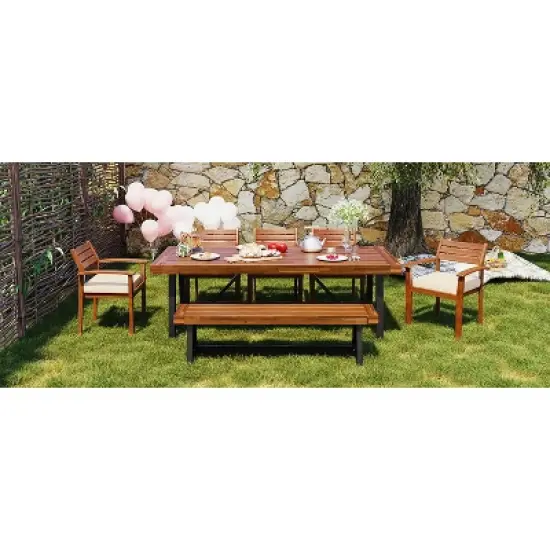 GO Outdoor Wood Dining Set For 7-8 Person, Outdoor Dining Furniture With Removable Cushions, Ergonomic Chairs And Bench, Thicker Table, Nature image {5}
