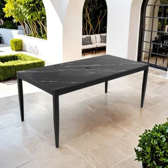 71'' Aluminum Rectangle Outdoor Dining Table for 6, Patio Table with Sintered Stone Top, Umbrella Hole, for Patio or Garden - Koiai image {1}