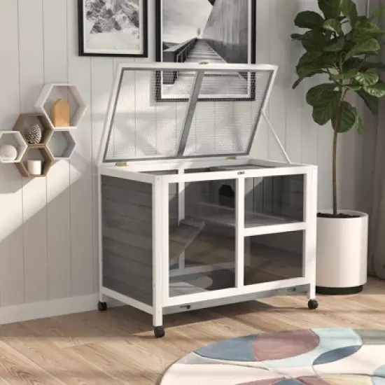 Akoasm Desk And Side Table Sized Wooden Waterproof Rabbit Hutch & Cage With Wheels Indoor-Gray image {2}