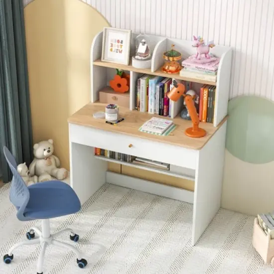 Costway Kids Wooden Study Desk Children Writing Table with Hutch & Drawer White image {3}