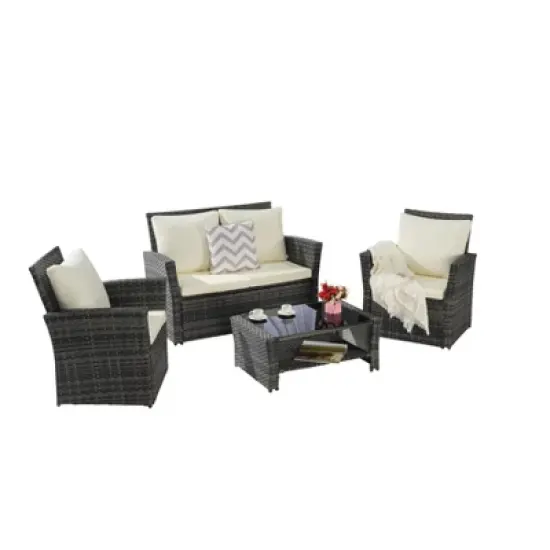 4-Piece Outdoor Rattan Furniture Set: Poolside Chairs + Durable Glass Table for Porch & Garden image {1}