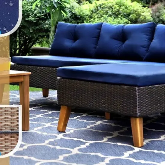 3pc Outdoor Acacia Wood Conversation Set with Sectional Sofa & Cushions - Captiva Designs image {6}