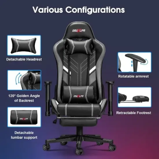 Douxlife Modern 7-Point Massage Ergonomic Gaming Chair with Footrest & Adjustable Armrests Black Gray image {2}