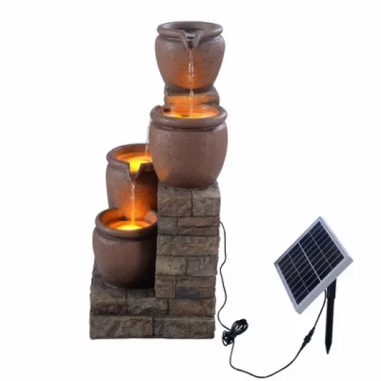 Teamson Home 30.71" 4-Tier Cascading Bowl Solar Powered Polyresin Waterfall Fountain: Outdoor LED, Faux Brick Design image {8}