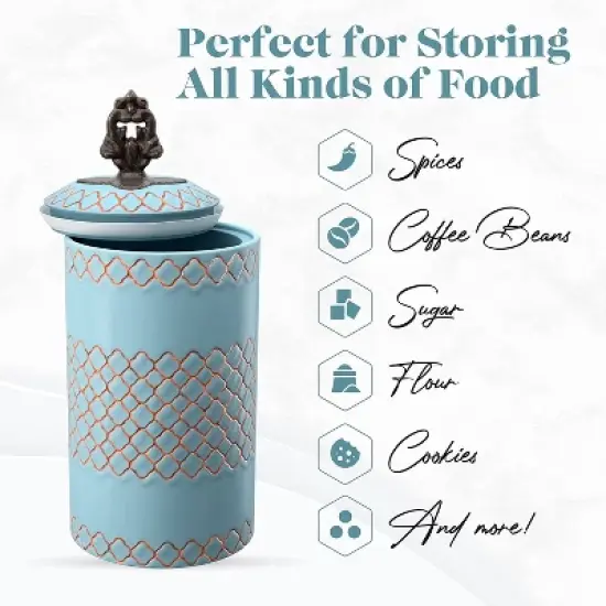 American Atelier 2-Piece Ceramic Canister Jars w/ Engraved Design & Airtight Stainless-Steel Lids For Sugar, Flour, Coffee & More, Blue image {6}