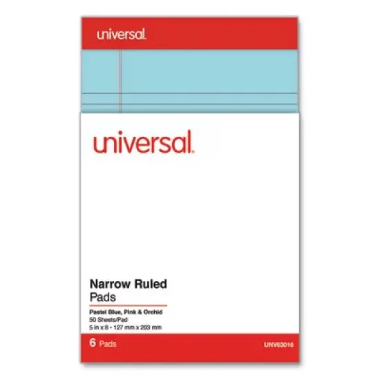 Universal Perforated Ruled Writing Pads, Narrow Rule, Red Headband, 50 Assorted Pastels 5 x 8 Sheets, 6/Pack image {3}