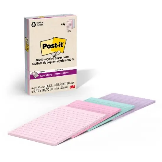 Post-it Recycled Super Sticky Notes 4"x6" Pastels: Large Unbound Multicolored Sticky Notes, 180 Sheets, 100% Recycled Paper image {17}