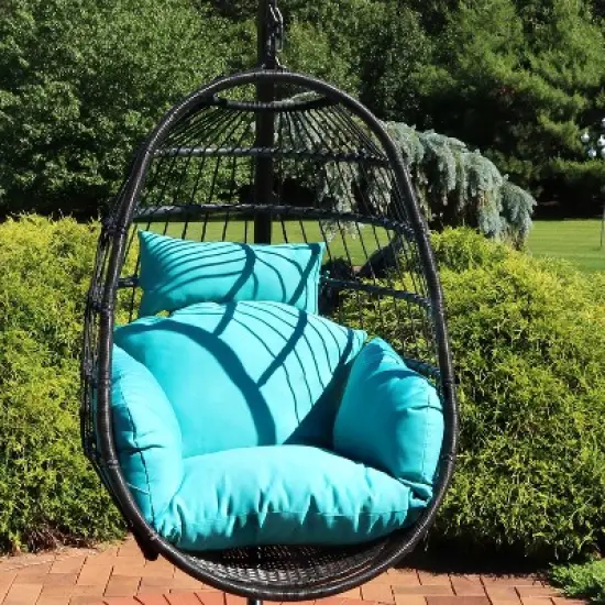 Sunnydaze Outdoor Resin Wicker Patio Penelope Hanging Basket Egg Chair Swing with Cushions and Headrest - 2pc image {1}