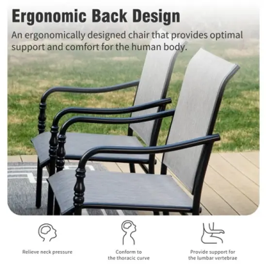 Captiva Designs 9pc Spacious Slat-top Rectangle Metal Table with Umbrella Hole & Fixed Steel Chairs with Gourd Head Armrests image {5}