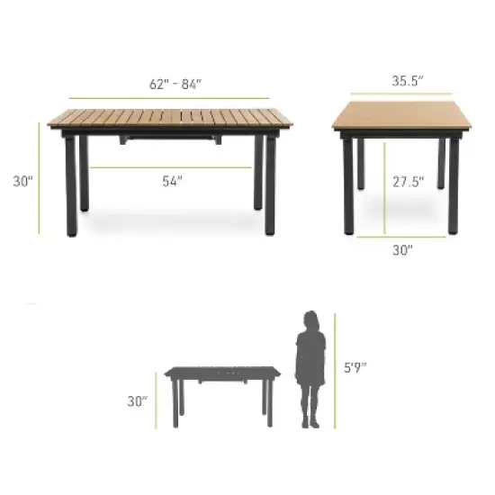 Greemotion 61.4"-93.9" Mackay DSC Teak Wood & Metal Rectangle Outdoor Patio Dining Table with Self Storing Butterfly L: Seats 8 image {6}