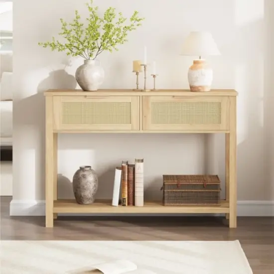 Entryway Table with Drawers, Rattan Console Table with Storage, Boho 2-Tier Sofa Table for Living Room and Hallway image {3}
