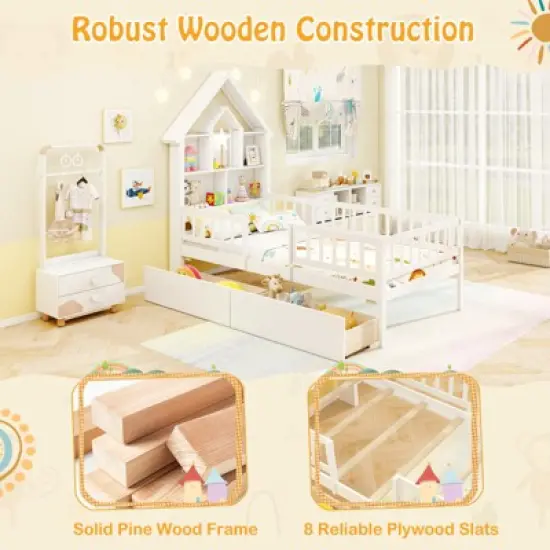 Tangkula Twin Size House Bed w/ 2 Drawers Kids Montessori Bed w/ Storage Headboard image {5}