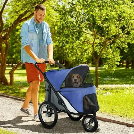 Resenkos Cat Jogger Stroller,Dog Stroller, Pet Stroller,3 Wheels Dog Stroller w/ One-Hand Fold, Rubber Wheels, Storage Bag, Soft Cushion, Blue image {4}