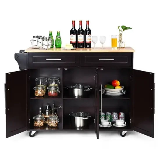 Costway Kitchen Island Trolley Cart Wood Top Rolling Storage Cabinet w/Knife Block WhiteBrown image {8}