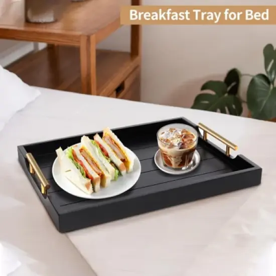 Attop Coffee Table Tray Set - Large Ottoman Tray with Handles Wood Serving Tray (2 Sets) with 4 Round Coasters Black image {3}