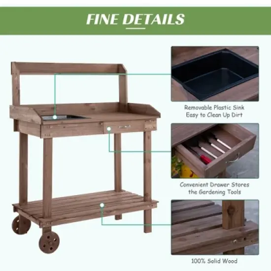 PAGED 36 Inch Potting Bench with 2 Removable Wheels and Sink,Outdoor Storage Cabinet with Drawer and Storage Spaces,Potting Table for Garden image {3}
