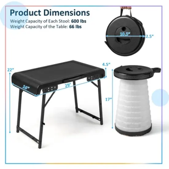 Costway 3-Piece Folding Table Stool Set with a Camping Table & 2 Retractable LED Stools image {2}