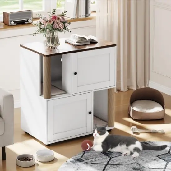 COZONY Cat Litter Box Enclosure for 2 Cats &ndash; Double Room Hidden Litter Box Furniture with Scratch Posts & Double-Layer Litter Mats image {7}