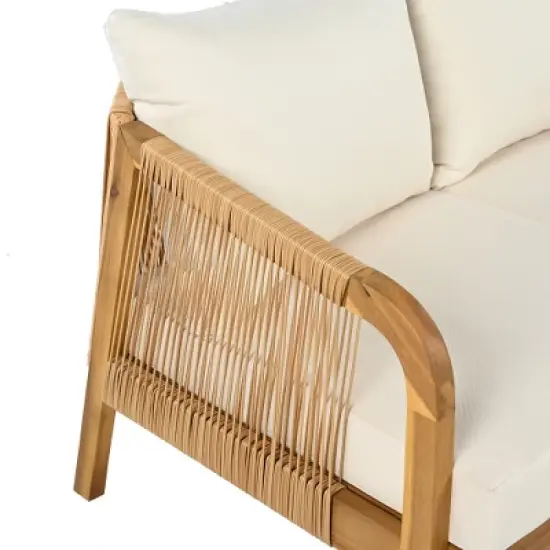 Christopher Knight Home Ignis Boho 5 Piece Patio Acacia Wood Faux Rattan Chat Set with Cushions and Slatted Coffee Table image {8}