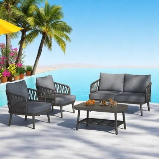 4-Piece Outdoor Conversation Set with Woven Rope U-Shaped Backrest, Acacia Wood Coffee Table, Water-Repellent Cushions image {2}