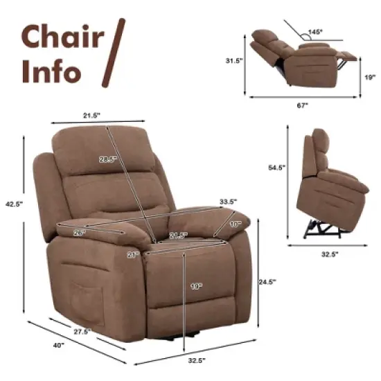 Costway Power Lift Recliner Chair Sofa for Elderly w/ Side Pocket & Remote Control Grey\Brown image {3}
