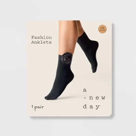 Women's Rose Applique Opaque Anklet Socks - A New Day&trade; Black 4-10: Nylon Spandex Knit, Banded Cuff, Floral Pattern image {1}