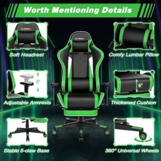 Costway High Back Gaming Chair Adjustable Office Computer Task Chair w/Footrest Green image {4}