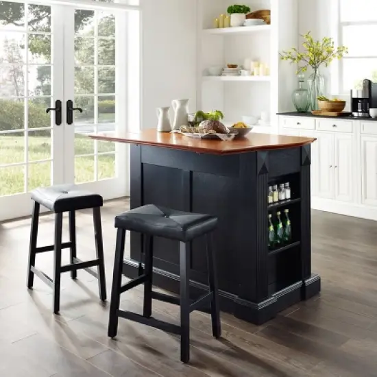 24" Coventry Upholstered Saddle Stools & Drop Leaf Breakfast Bar Black - Crosley image {7}