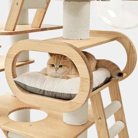 Modern Wooden Cat Tower,Beige,43.3" W &times; 23.62" D &times; 76.38" H image {1}