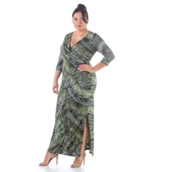 24seven Comfort Apparel Green Faux Wrap Side Slit Plus Size Maxi Dress image {1}