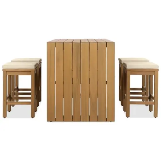 5 Piece Outdoor Bar Set, Patio Acacia Wood Dining Set with Bar Height Table & 4 Stools for Backyard, Poolside, Balcony, Beige - ModernLuxe image {9}