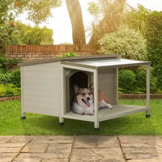 Wood Dog House Outside, Dog House with Open Roof and Terrace Durable Waterproof Dog House image {5}