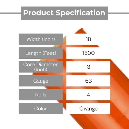 PSBM 4 Rolls Opaque Orange Cast Hand Pallet Stretch Wrap 18" x 1500 Ft. x 63 Gauge image {2}