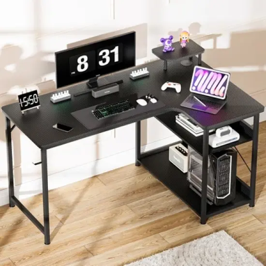 GTRACING 47" L Shaped Gaming Desk with a Mini-Table, Carbon Fiber Style Computer Desk image {3}